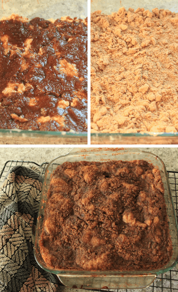 3 photos in one. left upper is pre baked before the topping goes on- top right is when the unbaked crumble is on and the bottom half is where the coffee cake is cooked.
