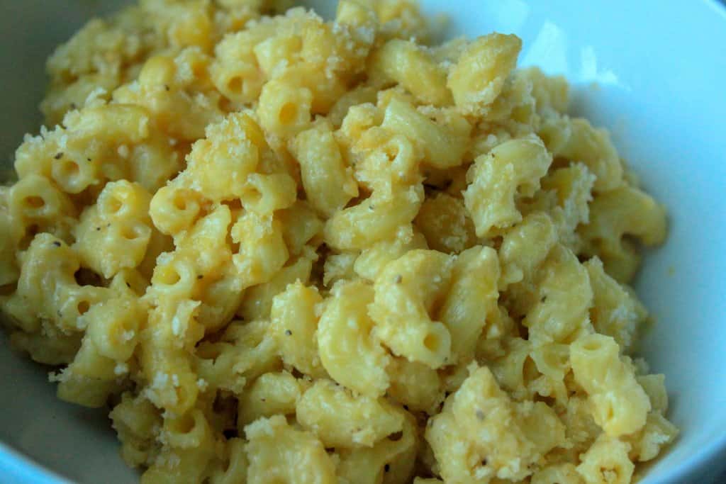 vegan mac and cheese in a white bowl. 