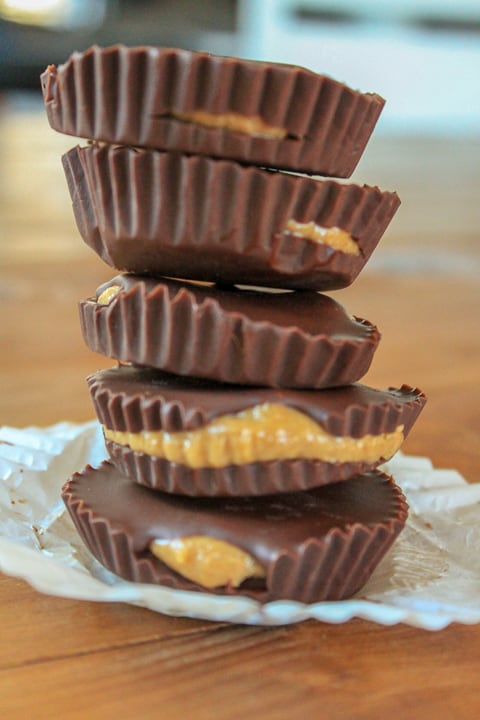vegan peanut butter cups stacked high up close photo. 