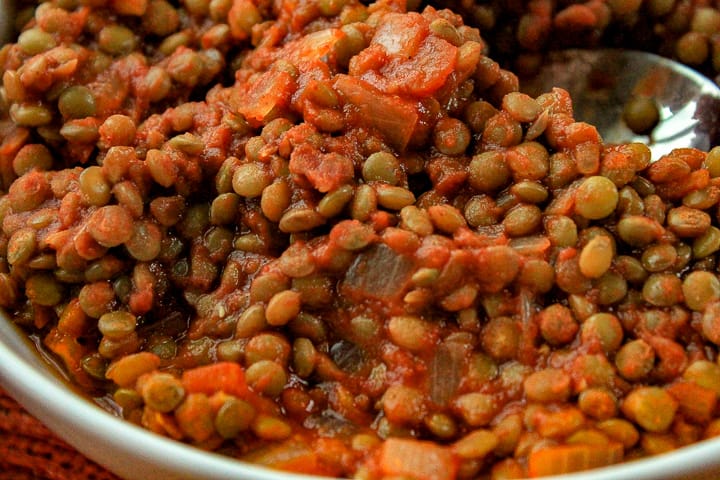 vegan lentil taco meat cooked up close shot in a bowl. 