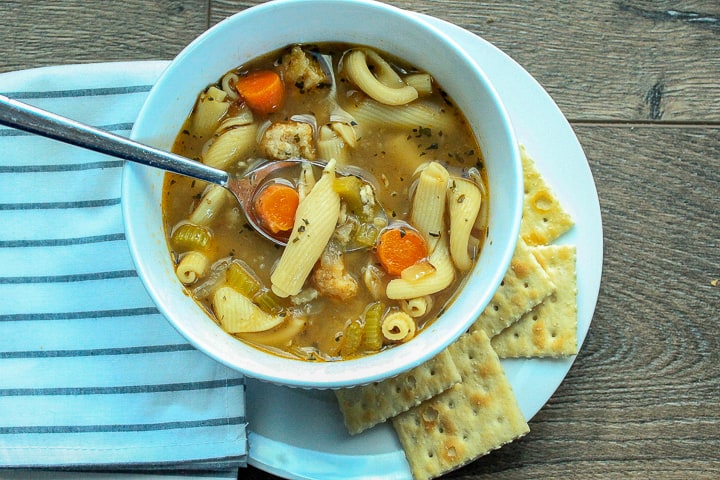 bowl of vegan chicken noodle soup