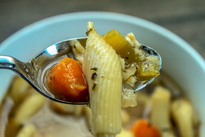 bite of vegan chicken noodle soup