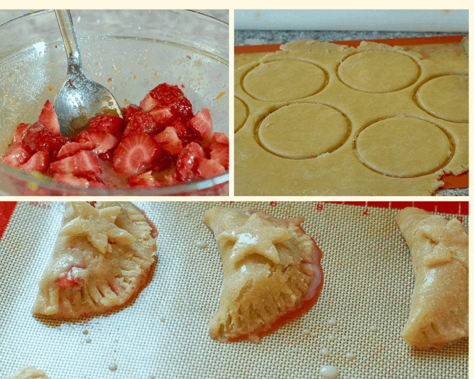 a 3 photo collage with strawberries in sauce in one bowl, the pie crust cut out intro circle in one photo and then the hand pies put together prebaked on a silpat pan. 