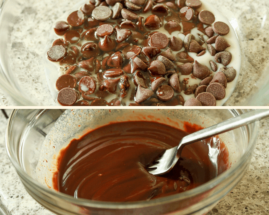 top photo has chocoalte chips, milk, and oil in a bowl the bottom has this combination above all melted in a glass bowl. 