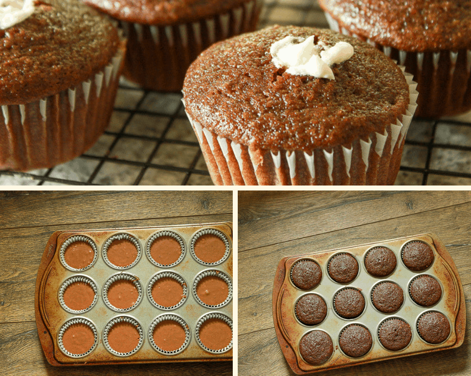 tri photo- top photo the chocolate cupcake with filling poking out the top, the bottom left is the cupcake batter in the muffin tin before baking to the right are the cupcakes in the baking tin baked. 