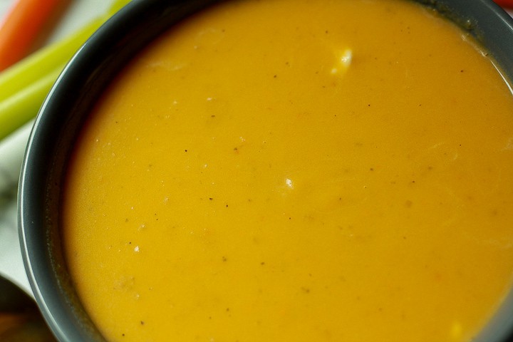 Creamy vegan butternut squash soup in a bowl. 