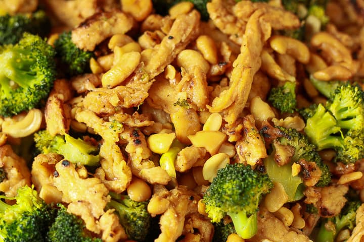 vegan soy curl cashew chicken close up shot. 
