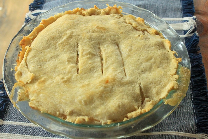 Vegan pot pie cooked in a pie plate on  a blue background. 