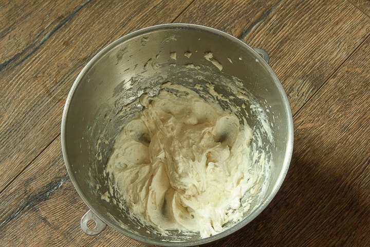 vegan cream filling in the kitchen aid mixer metal bowl.