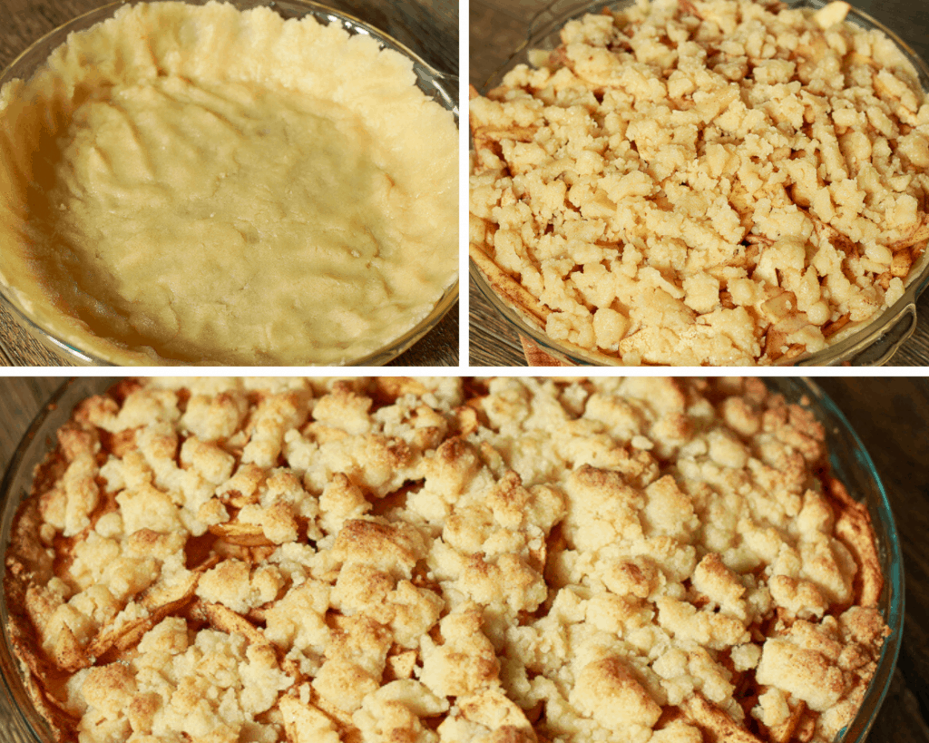 upper left photo the pie crust in a pie dish, right side has the crumbled pie crust over the pie filling and the bottom photo is the pie crust cooked.