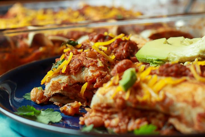 Vegan Enchiladas on a blue plate. 