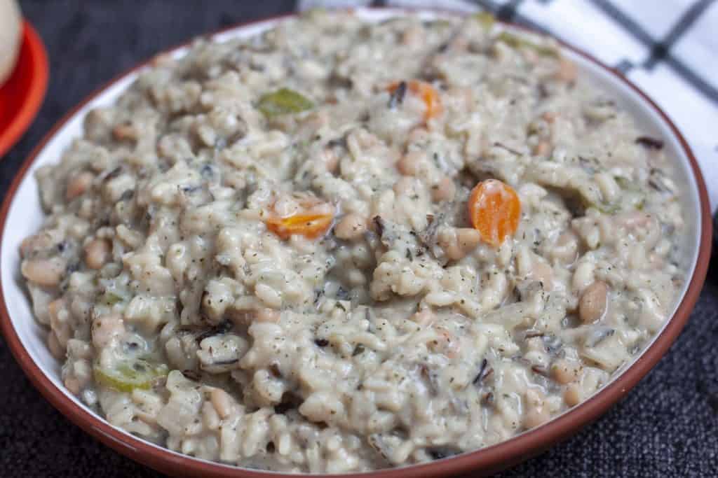 bowl of vegan wild rice soup