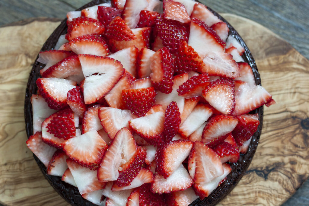 vegan chocolate cake with strawberry layer.
