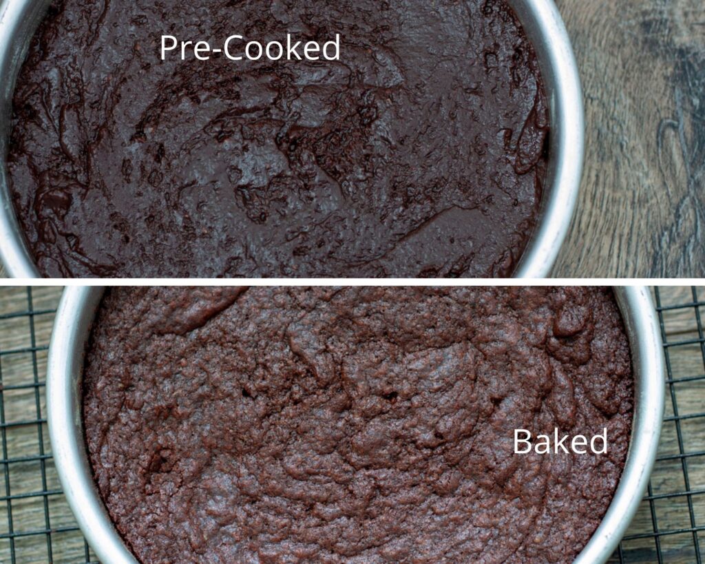 pre baked chocolate cake on the top photo and after baked chocolate cake on the bottom photo.