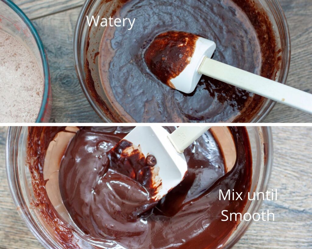 top photo mixing the chocolate ganache before its ready so it's more watery looking and the bottom its smooth looking. 