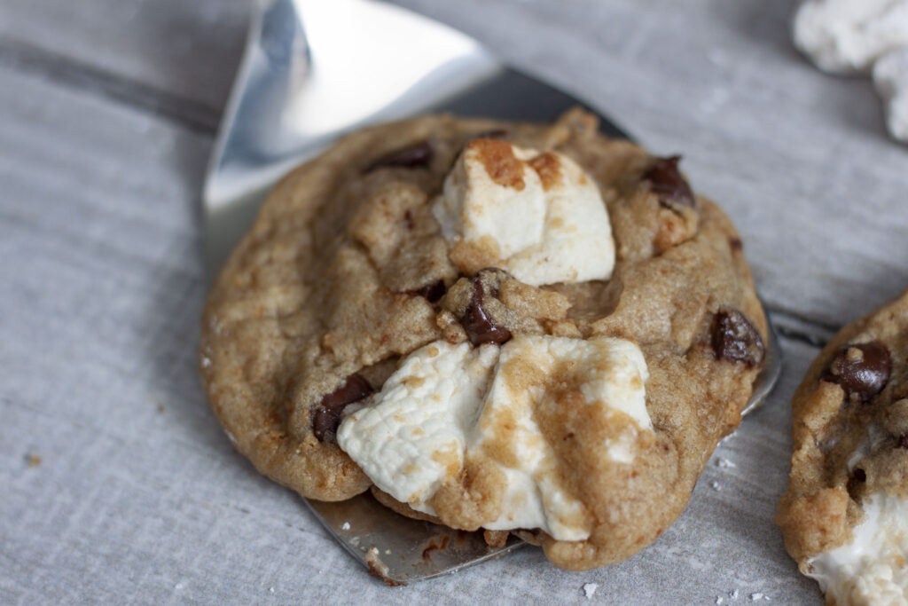 Single Vegan S'mores Cookies up close photo on a spatula. 