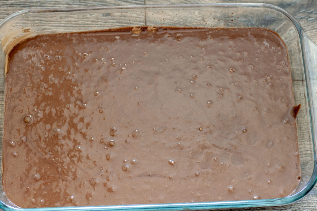 Pre-cooked vegan chocolate cake in a 9x13 pan. 