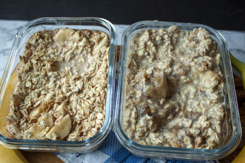 Before the fridge and after the overnight oats in two separate glass containers side by side. 