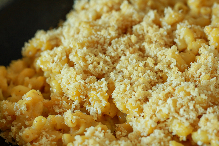 Vegan macaroni and cheese close up photo with crispy panko crumbs on top. 