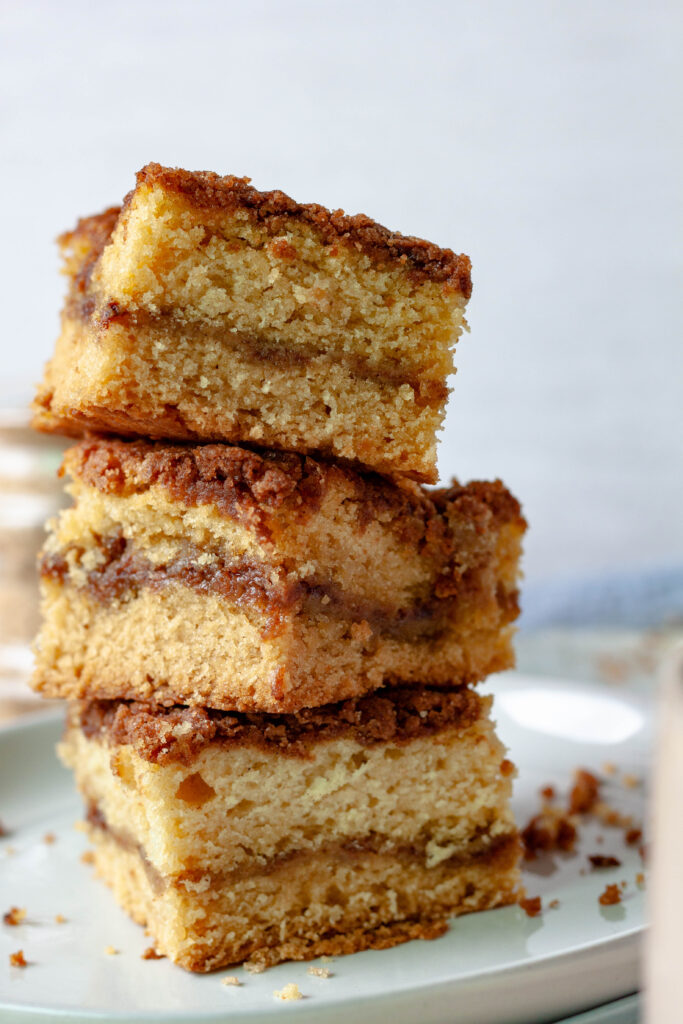 vegan coffee cake stacked 3 high, close up photo.