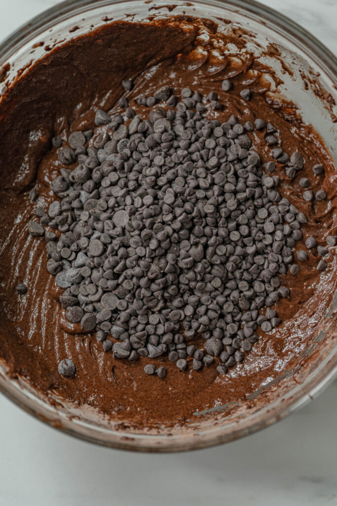 vegan double chocolate muffins batter with chocolate chips