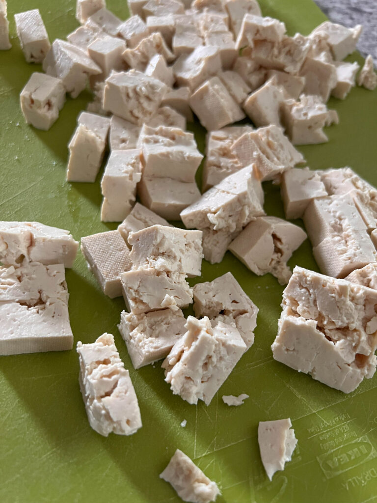 cutting tofu chunks