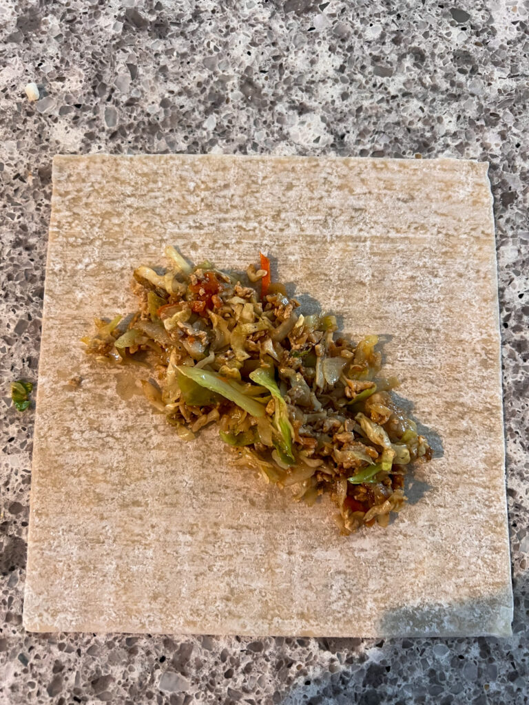 wrapping an egg roll with filling