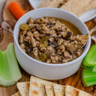 vegan mushroom barley soup in a bowl