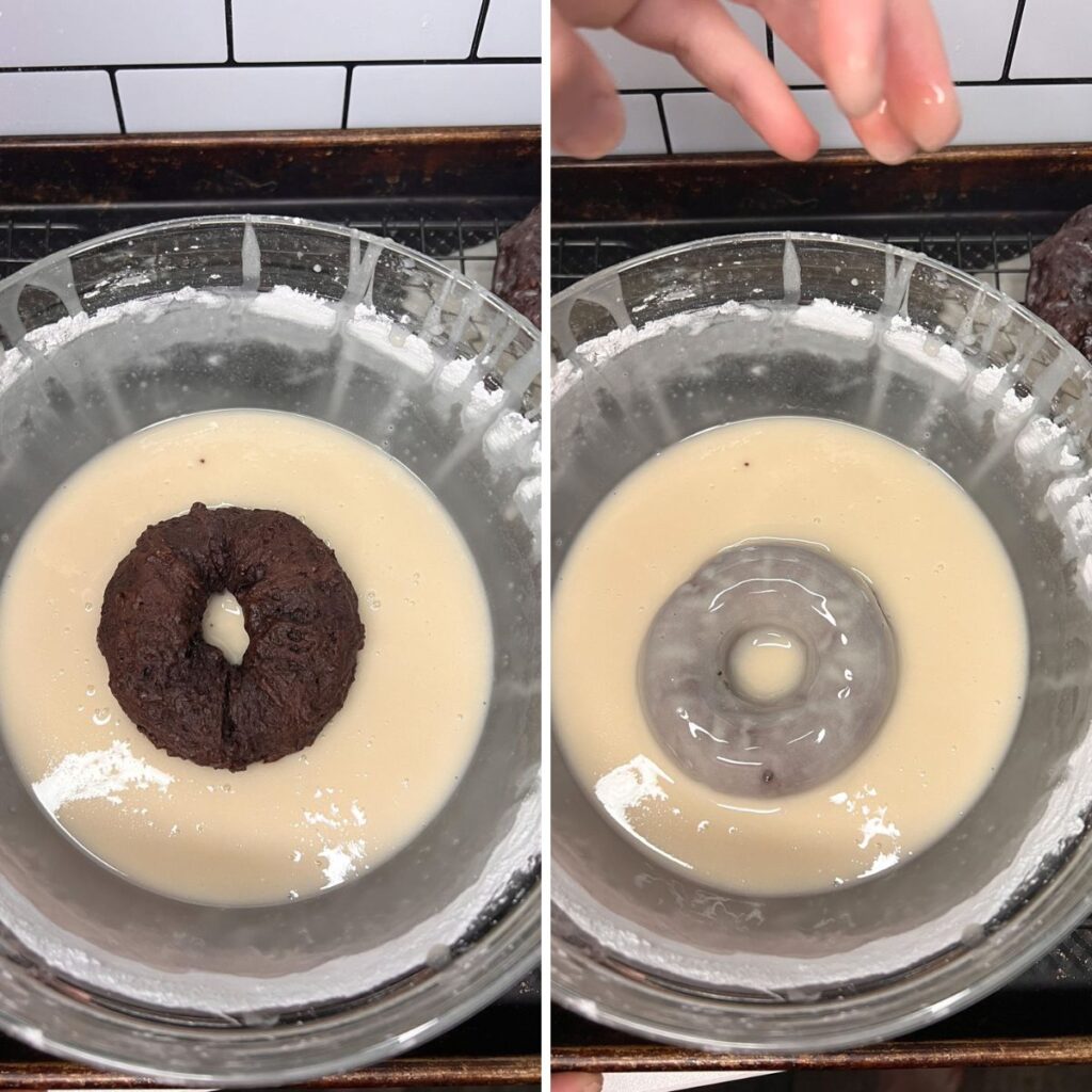 two bowls filled with glaze on the left the chocolate donut is half glazed on the right its dunking the other side to glaze both halfs.